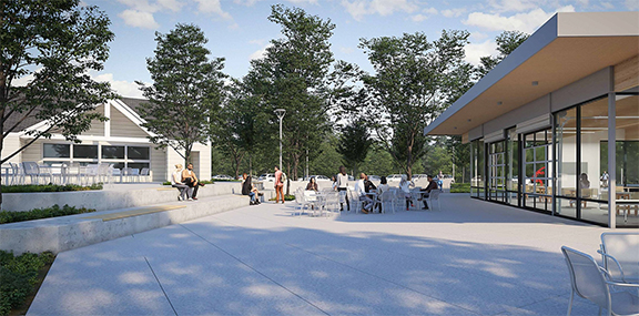 The main plaza has terraced seating for activities such as small concerts and other public events. An adjacent remodeled rental facility for private events features an outdoor reception courtyard with views of the golf course. Rendering by Scott Edwards Architecture.