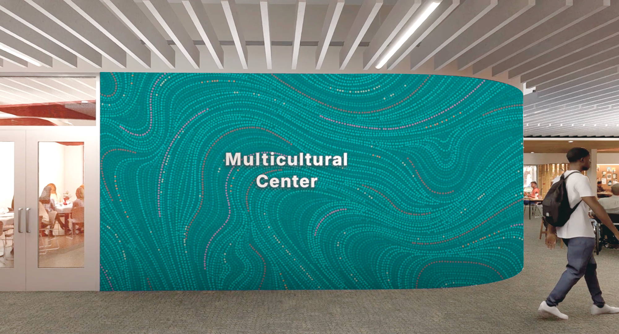 Rendering of a turquoise wall with textural graphics that reads Multicultural Center