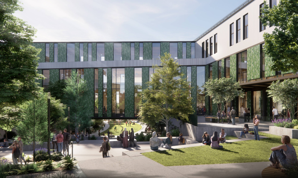 A rendering shows the future central courtyard of Cleveland High School with a skybridge overhead connecting the school buildings. The courtyard contains pedestrian paths and stepped seating for gatherings and breaks.