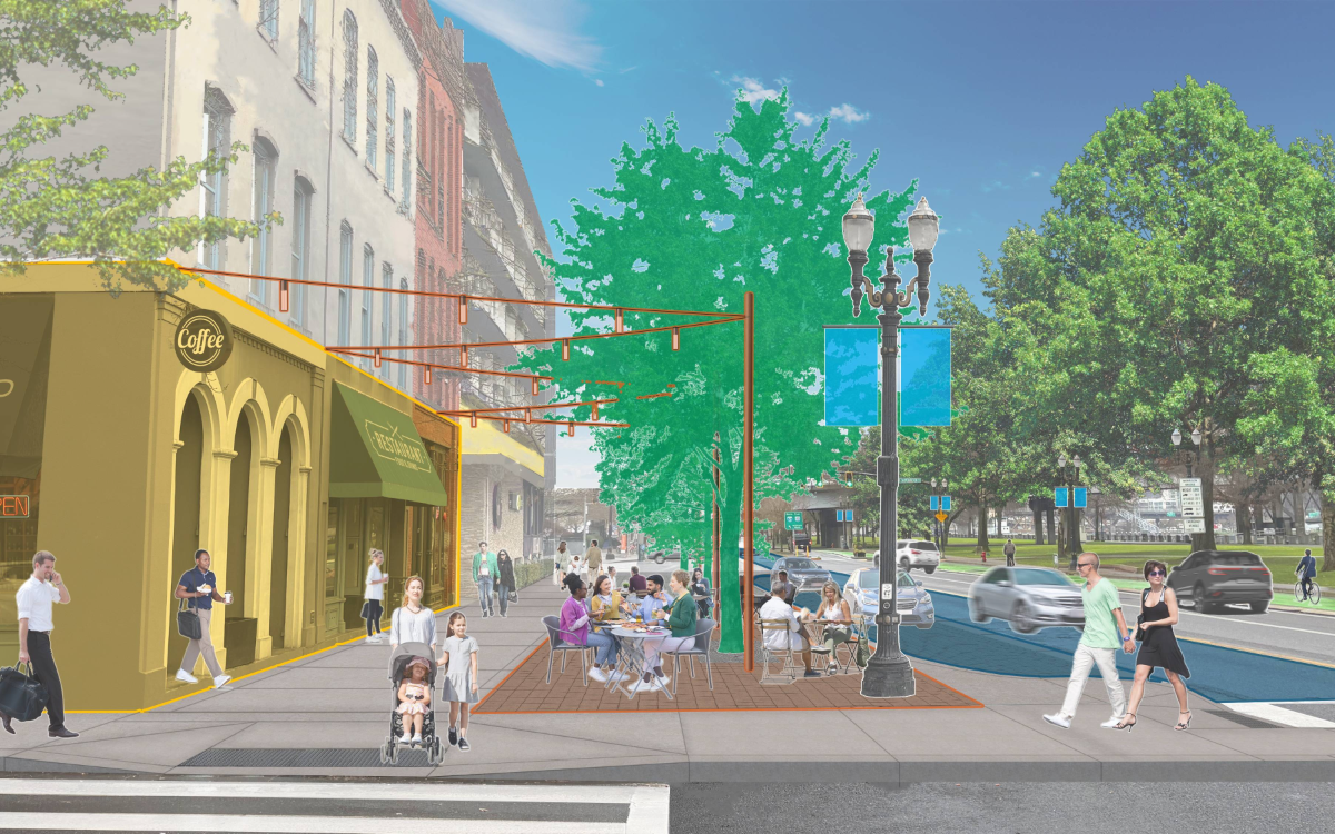 A rendering of Naito Parkway with a west side promenade that supports pedestrian traffic and street seating.