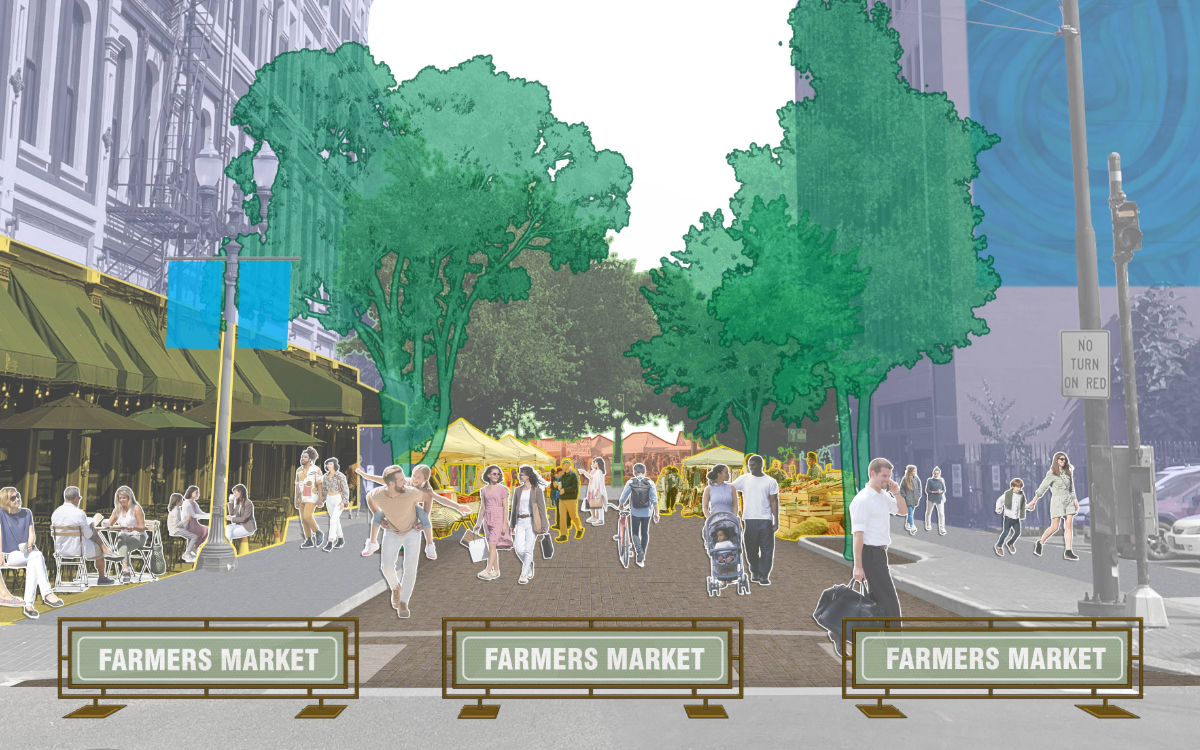 A rendering of SW Morrison Street closed to vehicular traffic for a farmers market