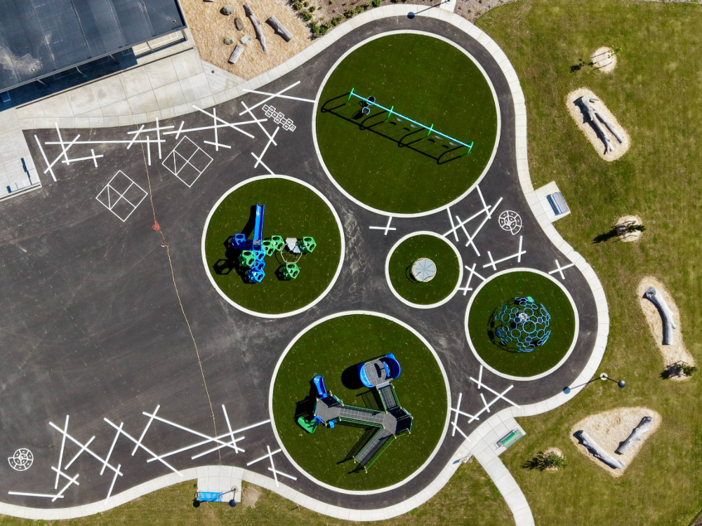 An aerial photo of the lily-pad inspired playground of Frog Pond Primary School