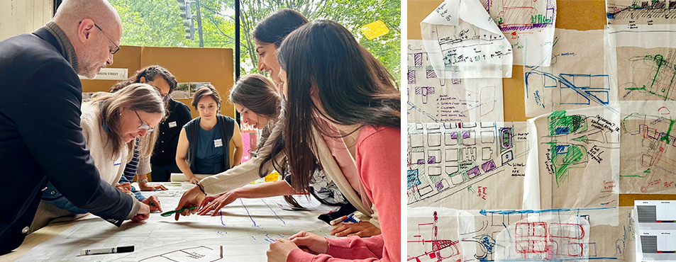 Image on the left shows designers huddled over a large work table. They are pointing and using markers on trace paper to brainstorm new ideas for street connections in downtown Portland.