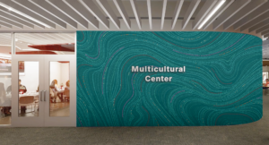 Rendering of a turquoise wall with a colorful bead-like graphic pattern and the words "Multicultural Center"