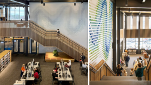 Two images of Moorhead Public Library in The Loop. Left image shows stairscase with graphic wall behind; people in foreground are working at computers. Photo on right shows patrons using the stairs, showing the 3D details of the blue, green and white graphic wall.