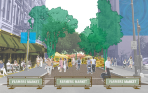 A rendering of SW Morrison Street closed to vehicular traffic for a farmers market