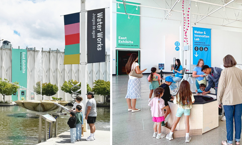 (Left) A family enjoying a free water play exhibit in the courtyard beneath a wayfinding banner that reads "Water Works." (Right) Children and adults explore a hands-on exhibit in the lobby of the Pacific Science Center. A green wayfinding banner on the wall marks the entrance to the East Exhibits. A directional banner points down the stairs to the Maker & Innovation Lab.