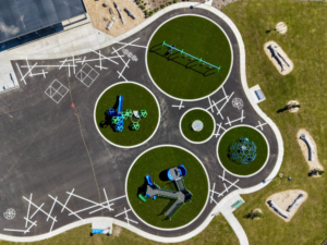 An aerial photo of the lily-pad inspired playground of Frog Pond Primary School