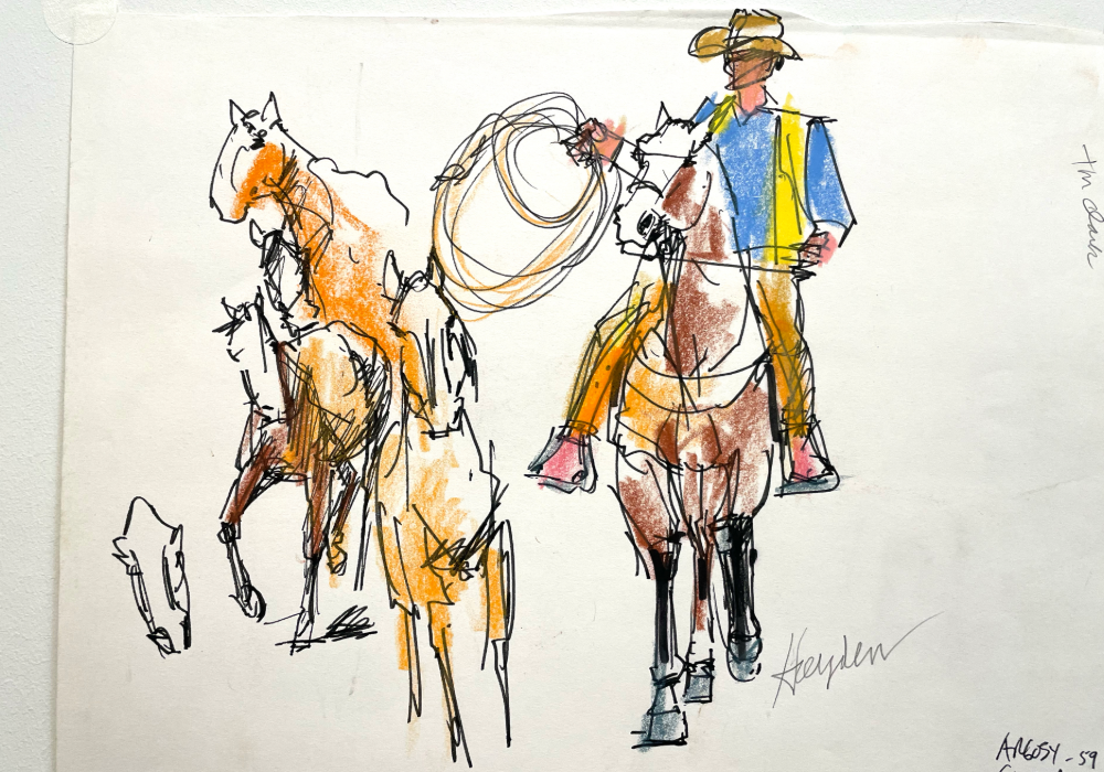 A page from Chuck Hayden's sketchbook of a cowboy in a blue shirt on a horse with a lasso. Three horses run beside him.