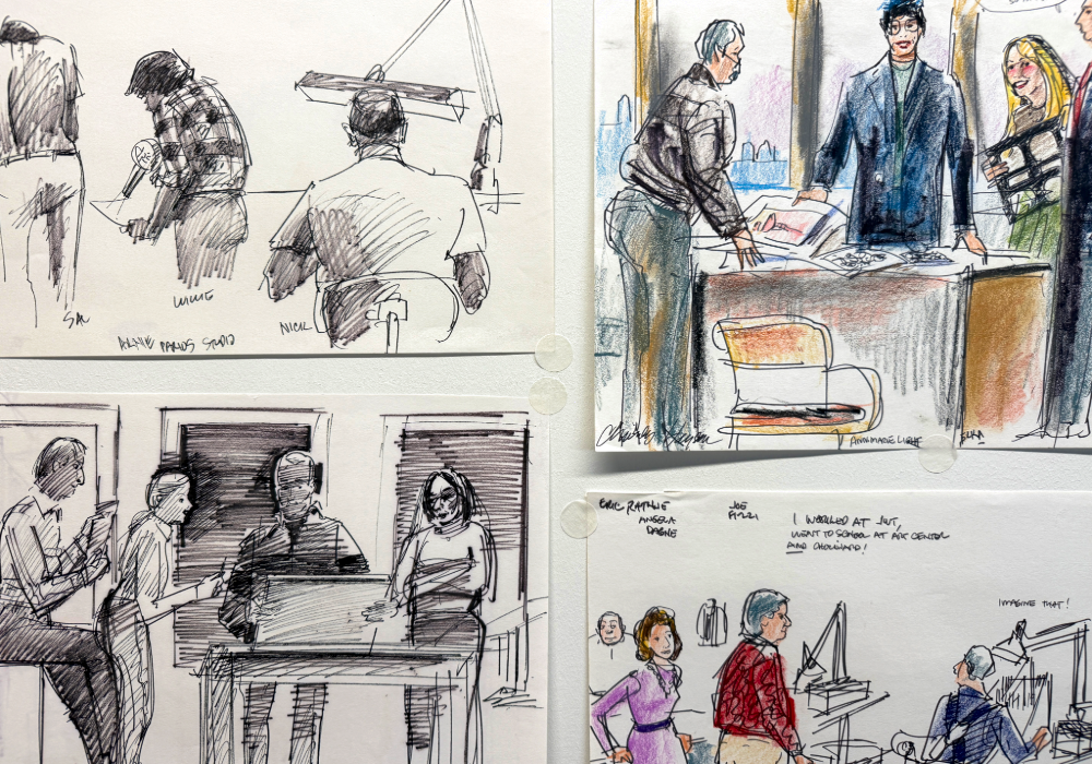 A collage of sketches from Chuck's ad biz days hung on the wall. Four images show people at drafting tables in various office environments.
