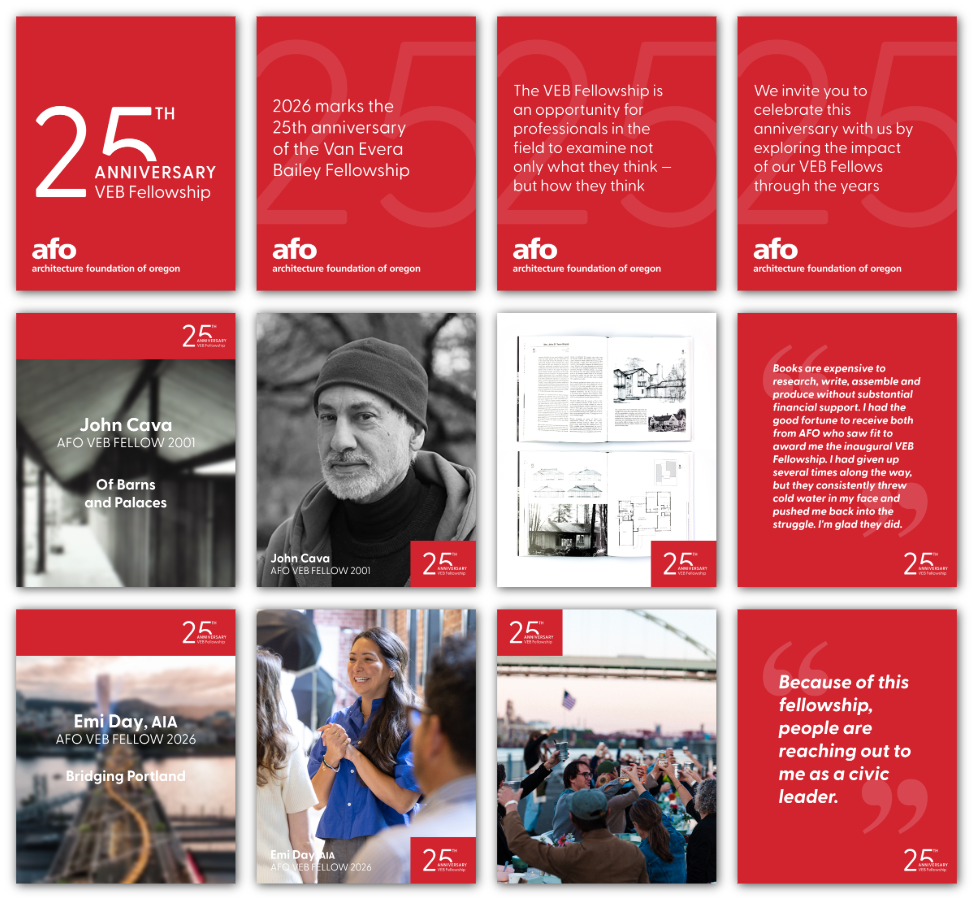 A grid showing examples of the social media campaign Mayer/Reed created for the AFO VEB Anniversary celebration. The first row are into slides. The second row is the inauguarl VEB Fellow of 2001, John Cava. The third row is the current 2026 VEB Fellow, Emi Day.